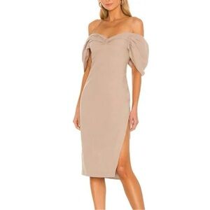 REVOLVE L’Academie Elegant Off-Shoulder Beige Dress